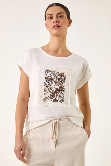 Roman Ivory Embroidered Crochet Panel T-Shirt