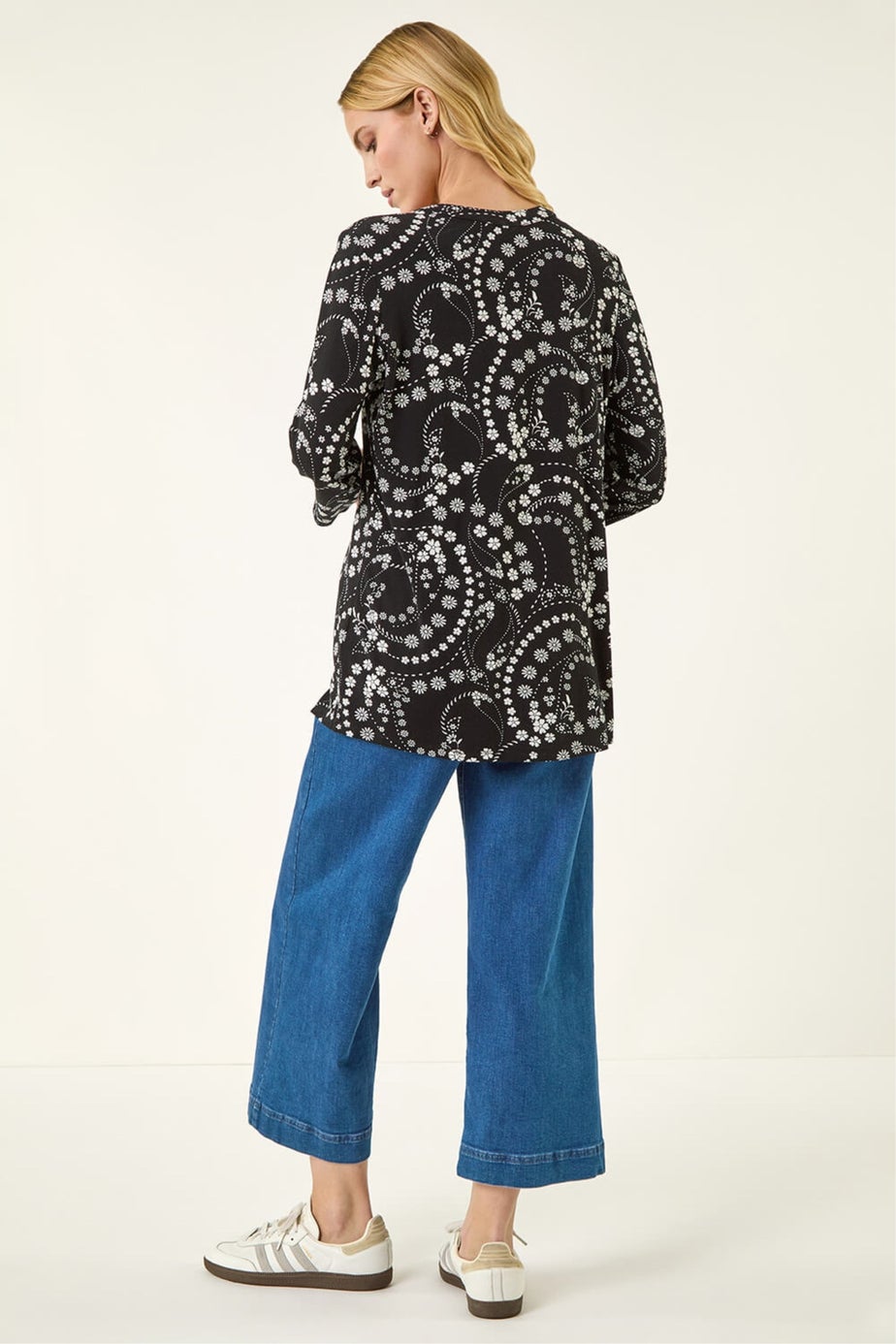 Roman Black Ditsy Print Pintuck Stretch Shirt