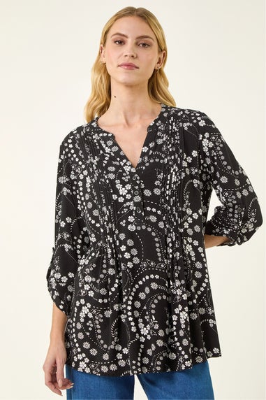 Roman Black Ditsy Print Pintuck Stretch Shirt
