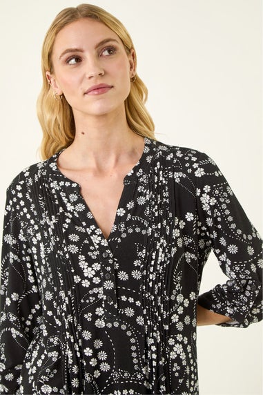 Roman Black Ditsy Print Pintuck Stretch Shirt