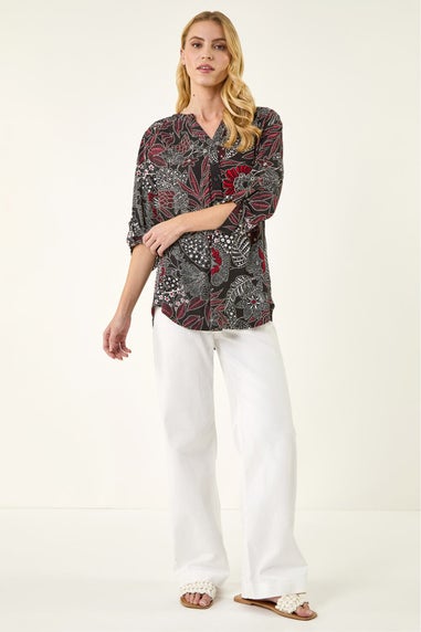 Roman Red Floral Puff Print Gathered Shirt