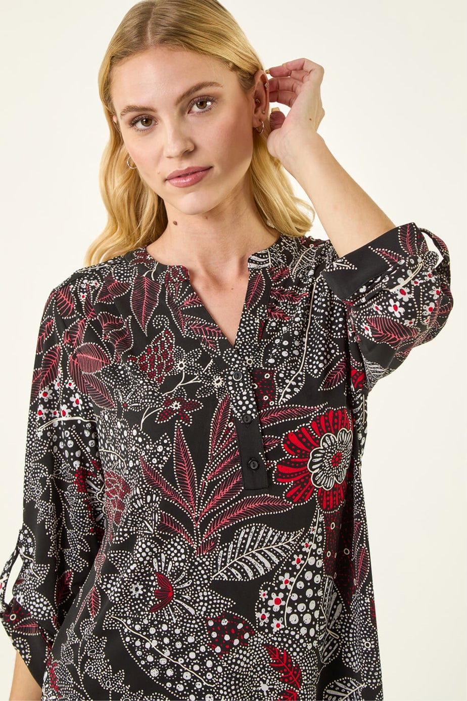 Roman Red Floral Puff Print Gathered Shirt
