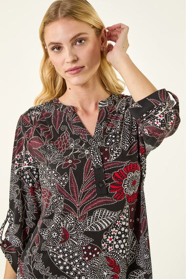 Roman Red Floral Puff Print Gathered Shirt