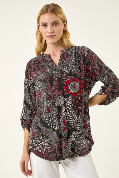 Roman Red Floral Puff Print Gathered Shirt