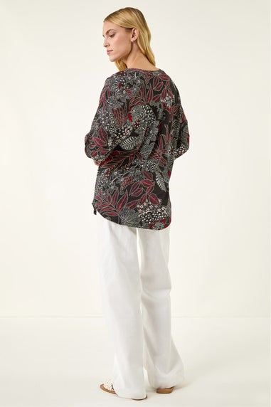 Roman Red Floral Puff Print Gathered Shirt