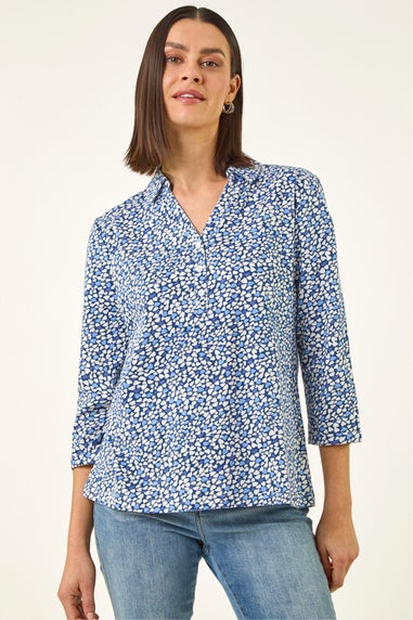 Roman Blue Heart Print Collared Top