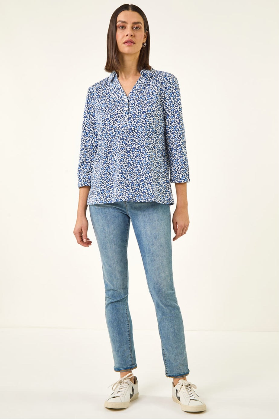 Roman Blue Heart Print Collared Top