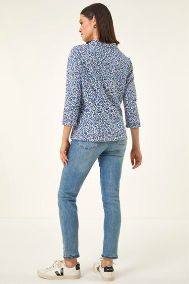 Roman Blue Heart Print Collared Top