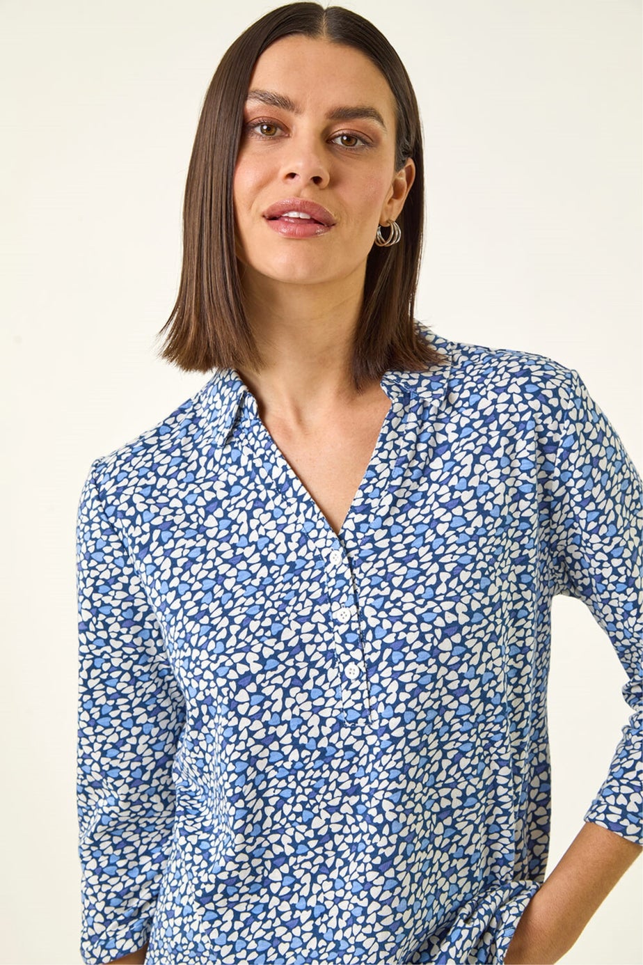 Roman Blue Heart Print Collared Top