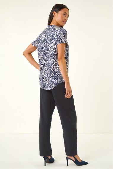 Roman Navy Petite Abstract Print Button Stretch Top