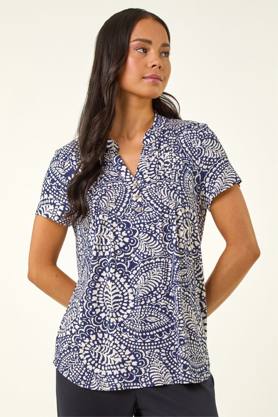 Roman Navy Petite Abstract Print Button Stretch Top
