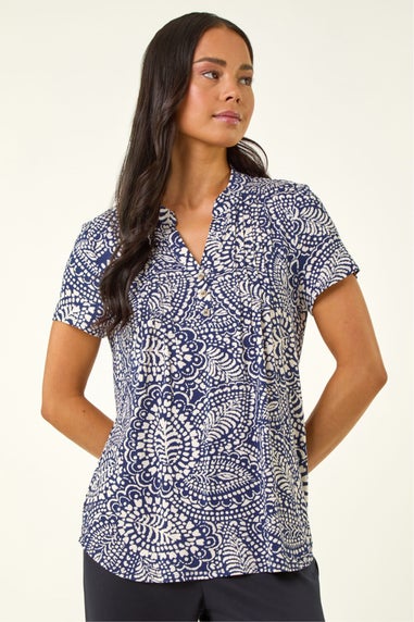 Roman Navy Petite Abstract Print Button Stretch Top