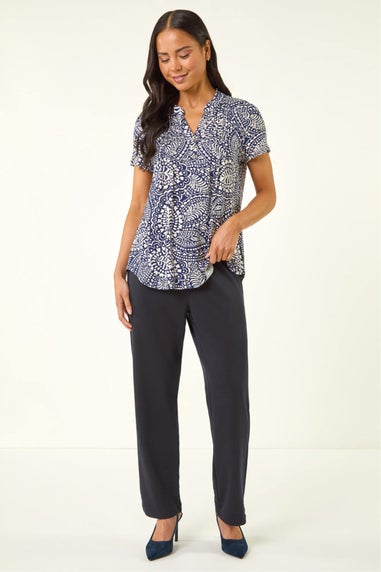 Roman Navy Petite Abstract Print Button Stretch Top