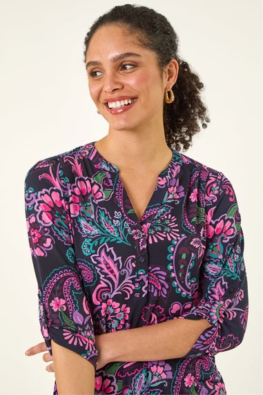 Roman Pink Paisley Print V-Neck Stretch Shirt