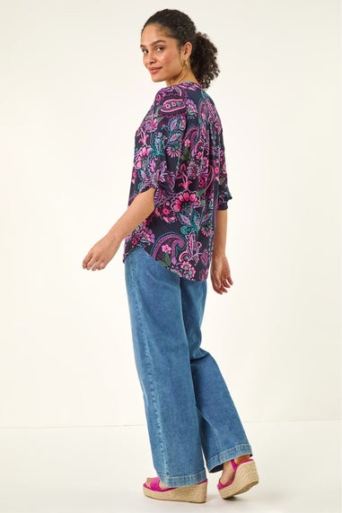 Roman Pink Paisley Print V-Neck Stretch Shirt