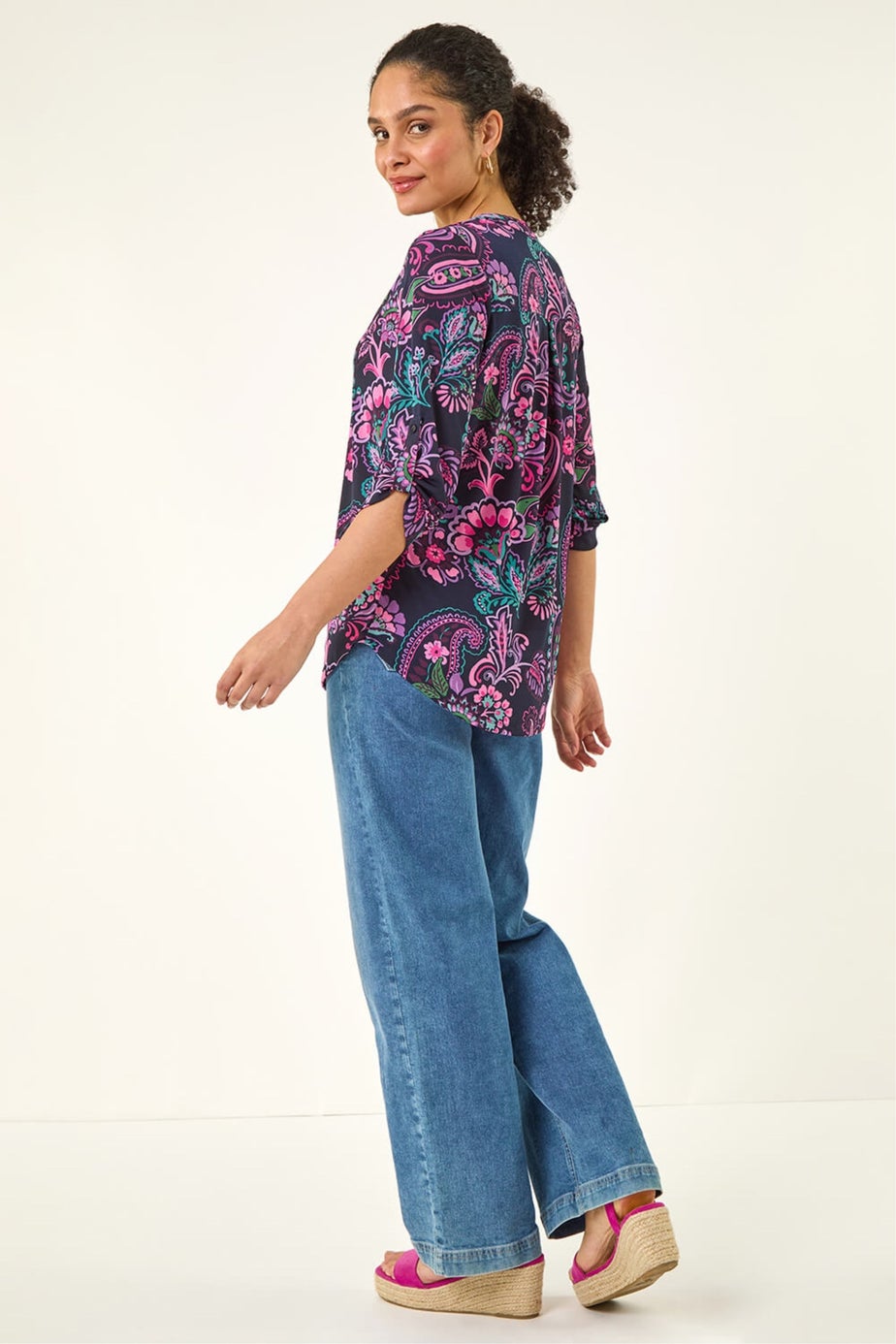 Roman Pink Paisley Print V-Neck Stretch Shirt