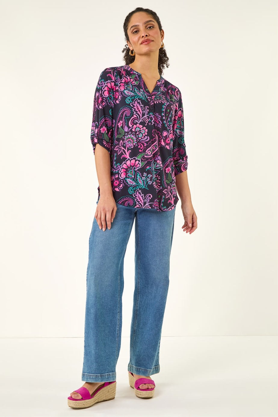 Roman Pink Paisley Print V-Neck Stretch Shirt