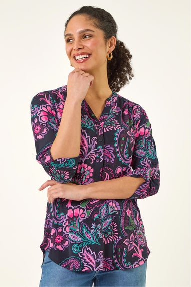 Roman Pink Paisley Print V-Neck Stretch Shirt