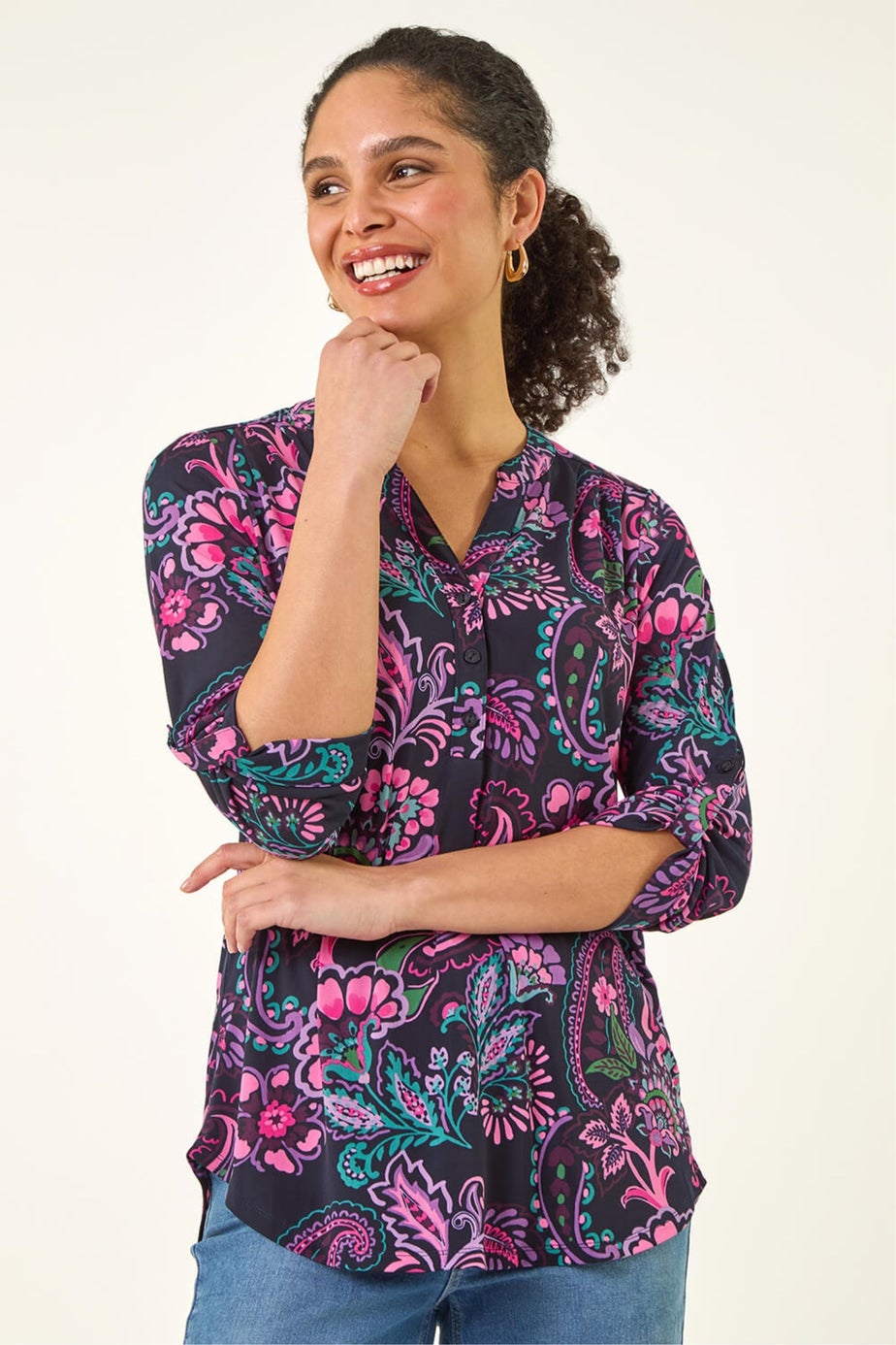 Roman Pink Paisley Print V-Neck Stretch Shirt