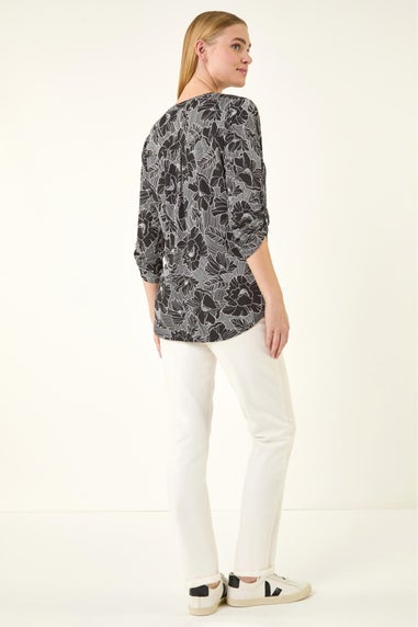 Roman Black Puff Print Notch Neck Shirt