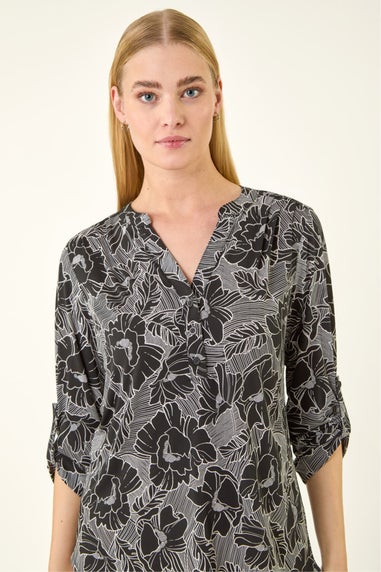 Roman Black Puff Print Notch Neck Shirt