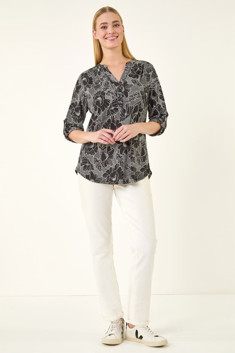 Roman Black Puff Print Notch Neck Shirt