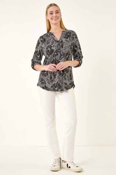 Roman Black Puff Print Notch Neck Shirt