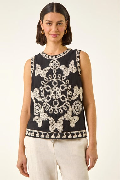 Roman Black Butterfly Embroidered Vest Top