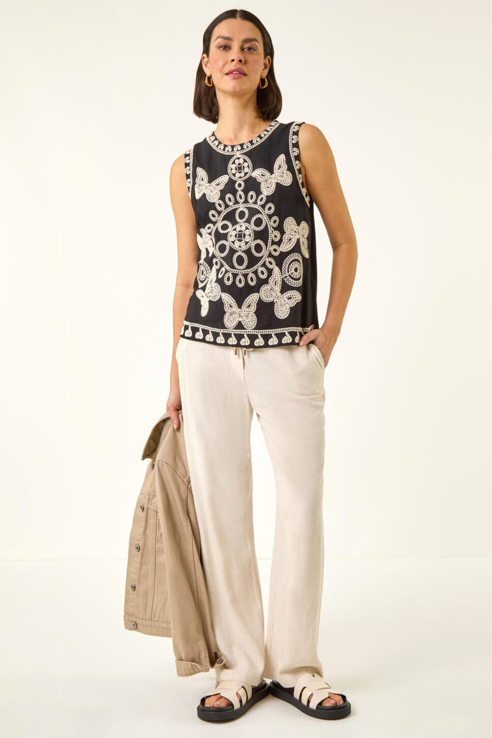 Roman Black Butterfly Embroidered Vest Top