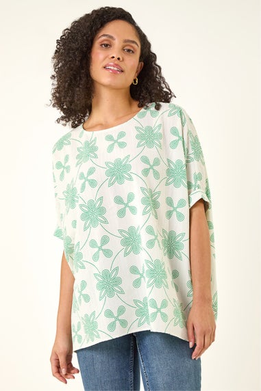 Roman Green Floral Textured Buttoned Back Top