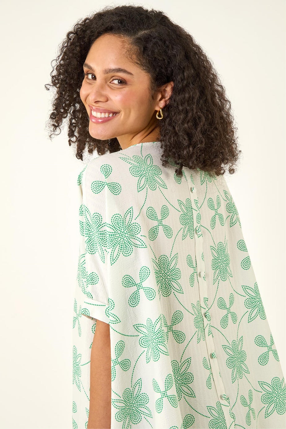 Roman Green Floral Textured Buttoned Back Top