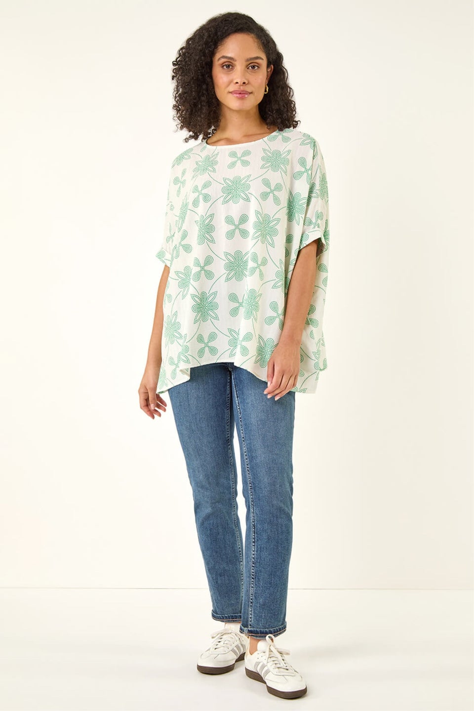 Roman Green Floral Textured Buttoned Back Top