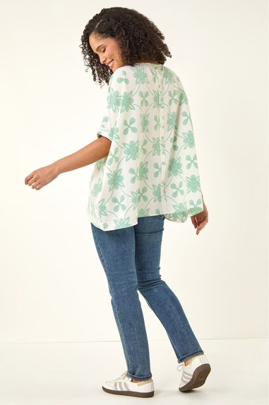 Roman Green Floral Textured Buttoned Back Top