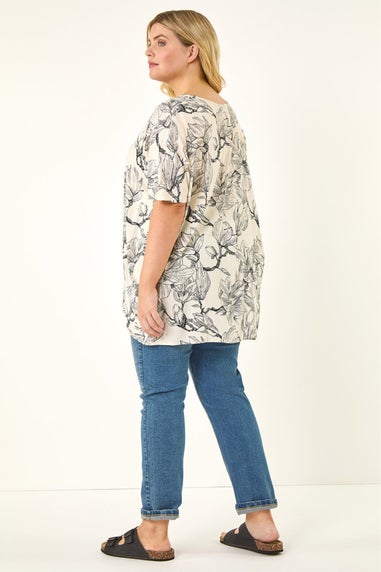 Roman Ivory Curve Floral Print Oversized Top