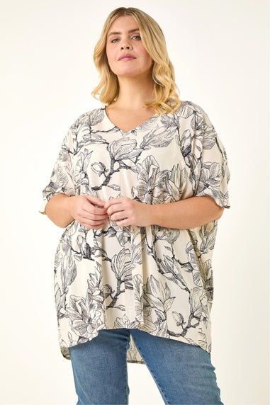 Roman Ivory Curve Floral Print Oversized Top