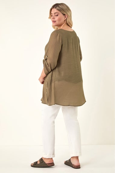 Roman Khaki Curve Buttoned Side Asymmetric Top