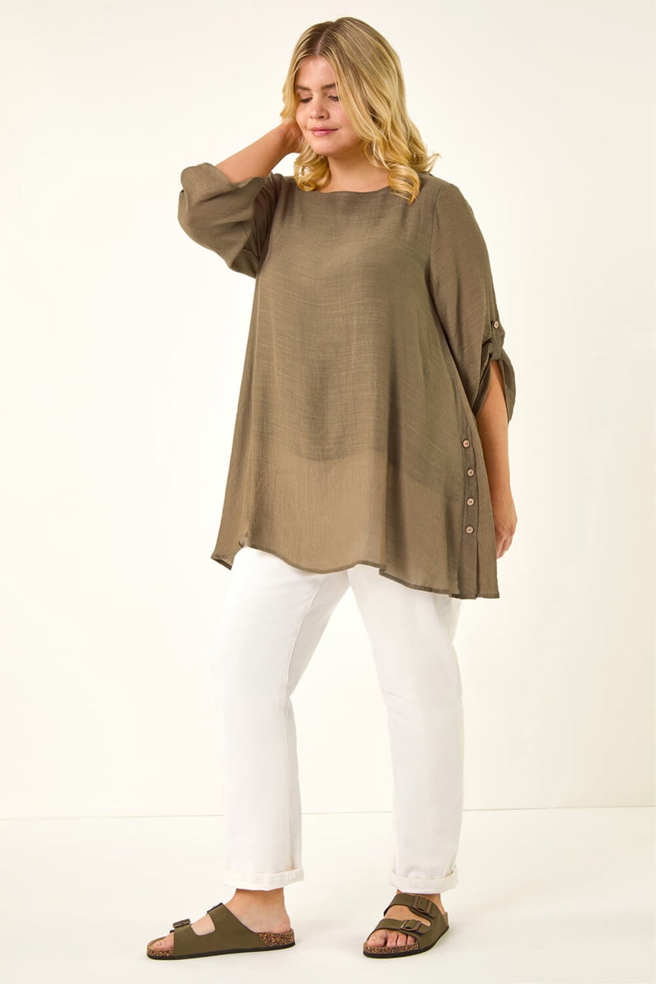Roman Khaki Curve Buttoned Side Asymmetric Top