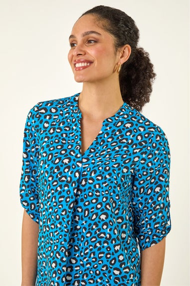 Roman Blue Animal Print Woven Top