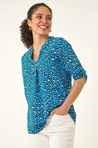 Roman Blue Animal Print Woven Top