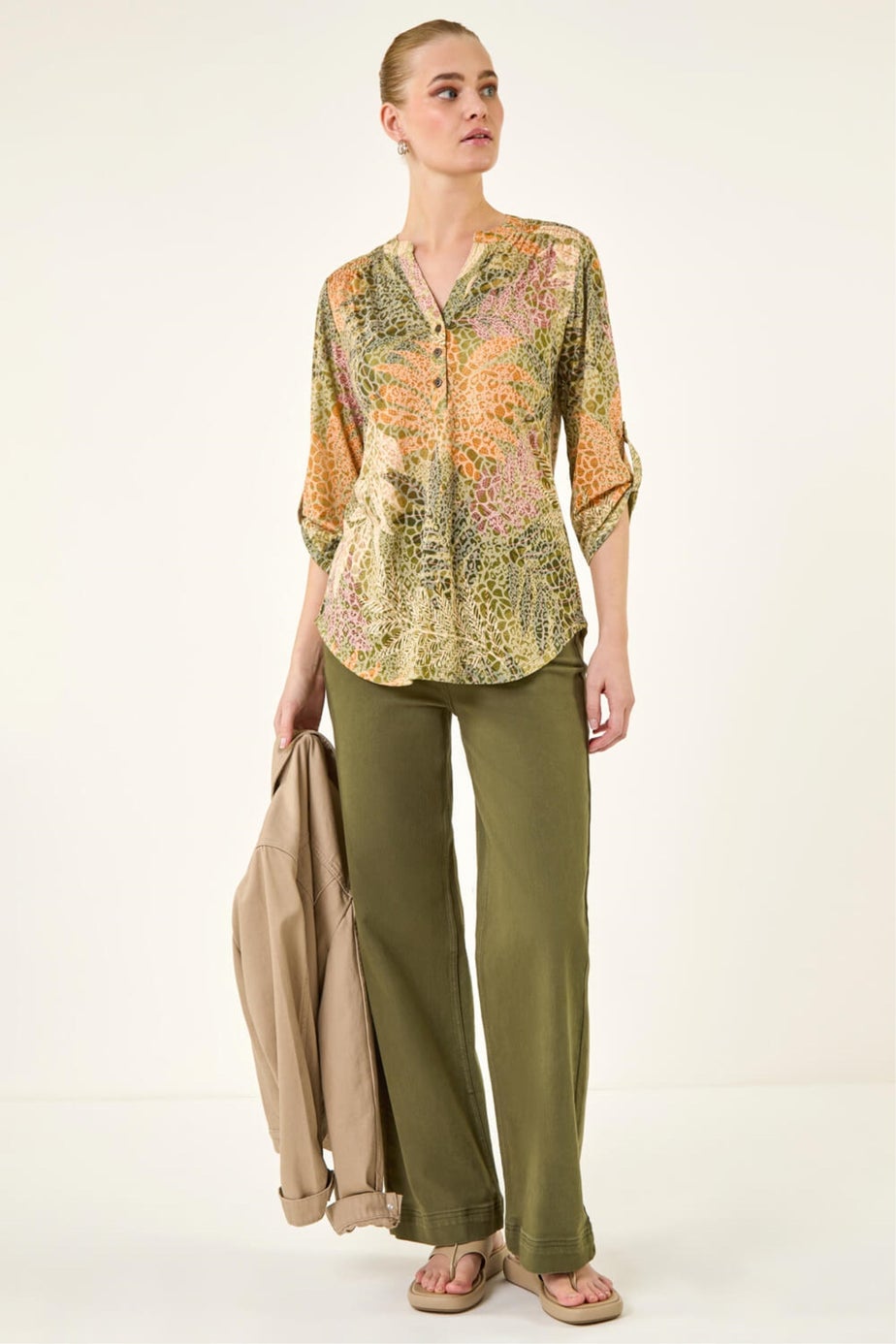 Roman Khaki Leaf Print Burnout Shirt