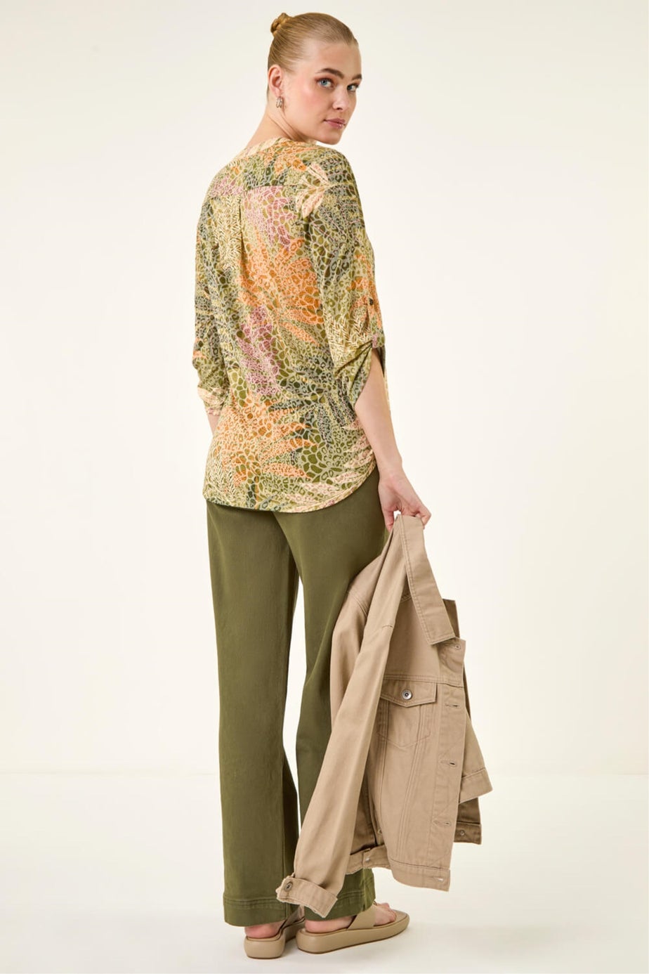 Roman Khaki Leaf Print Burnout Shirt