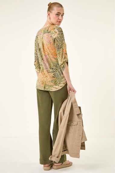 Roman Khaki Leaf Print Burnout Shirt