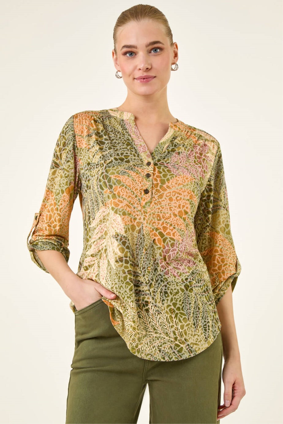 Roman Khaki Leaf Print Burnout Shirt