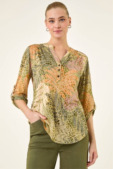 Roman Khaki Leaf Print Burnout Shirt
