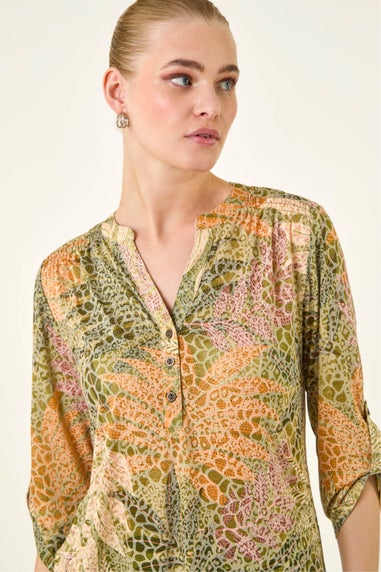 Roman Khaki Leaf Print Burnout Shirt