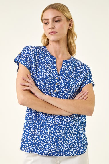 Roman Royal Blue Speck Print V-Neck Button Top