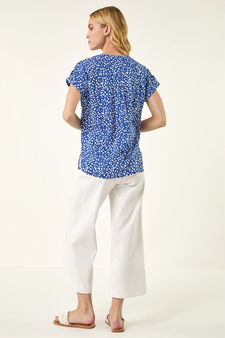 Roman Royal Blue Speck Print V-Neck Button Top