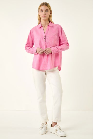 Roman Pink Floral Print Collar V-Neck Shirt