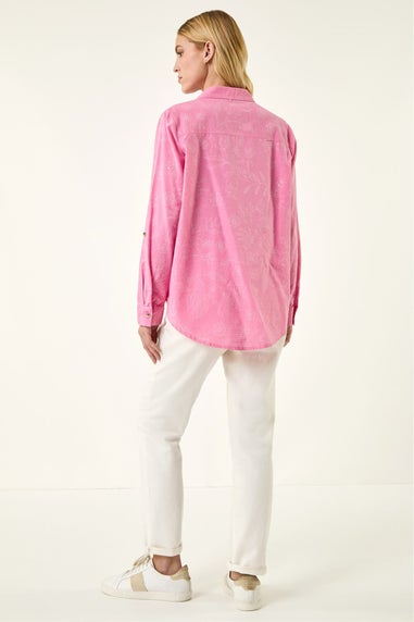 Roman Pink Floral Print Collar V-Neck Shirt