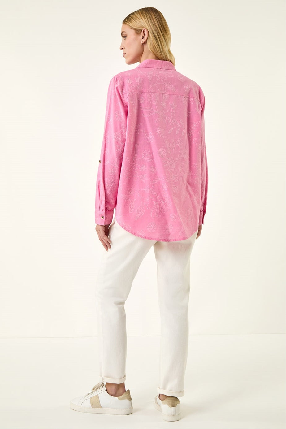 Roman Pink Floral Print Collar V-Neck Shirt